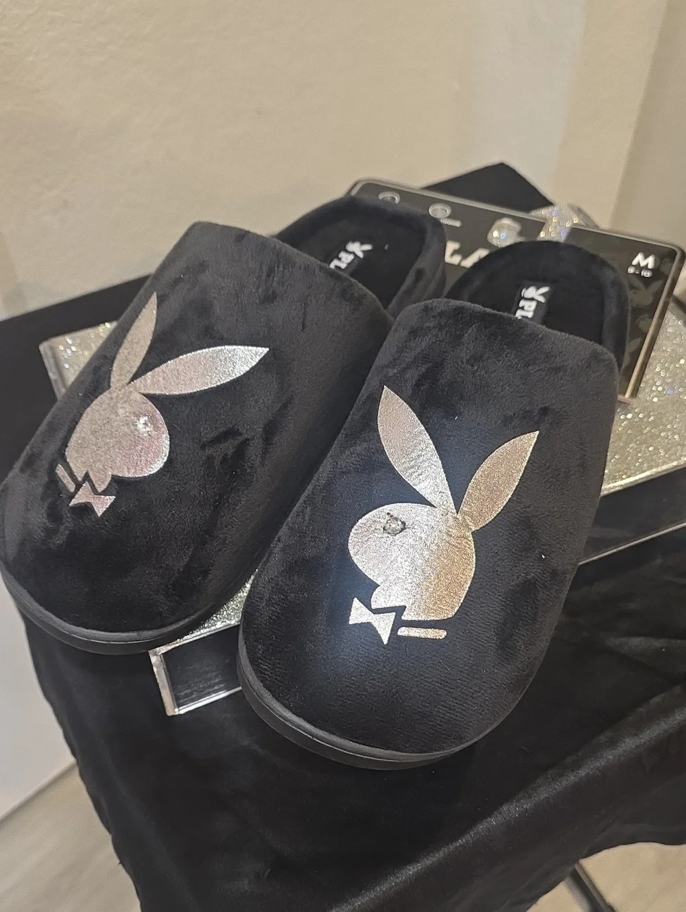 Playboy Metallic Bunny Logo Indoor/Outdoor Memory Foam Slide Slippers- Black